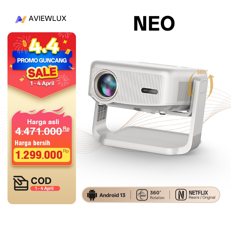 AVIEWLUX NEO Smart Proyektor LCD Gimbal 360° - Whale OS - Netflix Resmi - 1080P Full HD - Android TV