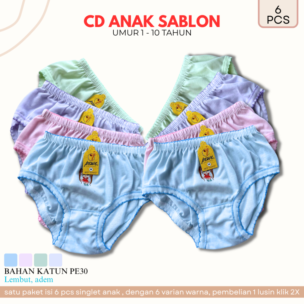 12 PCS CD daleman Anak Cewek polos warna warni - Celana Dalam Anak Perempuan / Cd Anak Cewek Bahan K
