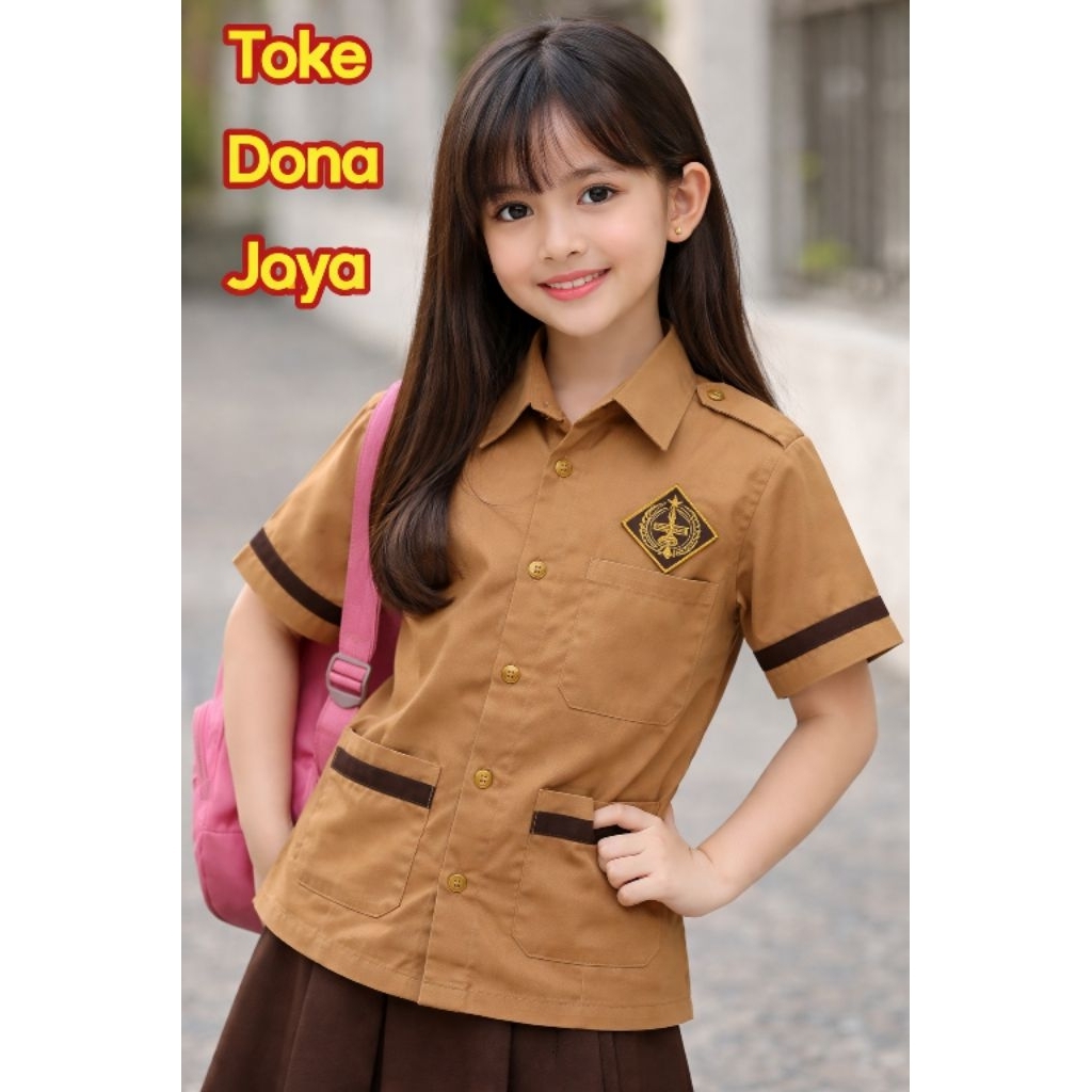 Baju Pramuka Siaga / Seragam Sekolah / Coklat Kuning / Kain Oxford / Merk Dona Jaya / Kemeja Siaga P