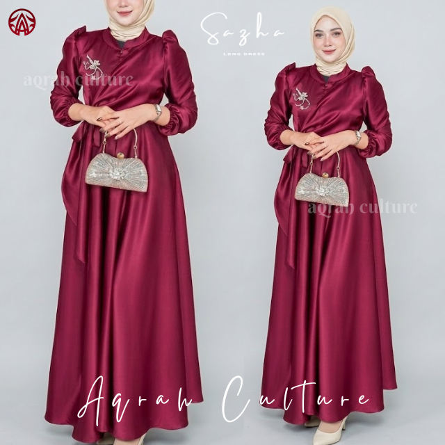 Sazha Dress Kondangan Wanita Baju Gamis Lebaran Pakaian Muslim Gaun Pesta Bridesmaid Busui Friendly 