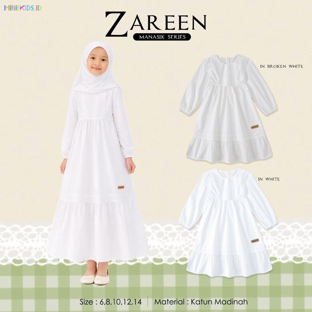Zareen Manasik Series - Gamis Anak Putih Katun Madinah (Size 6-14 Thn) Baju Manasik Anak Perempuan