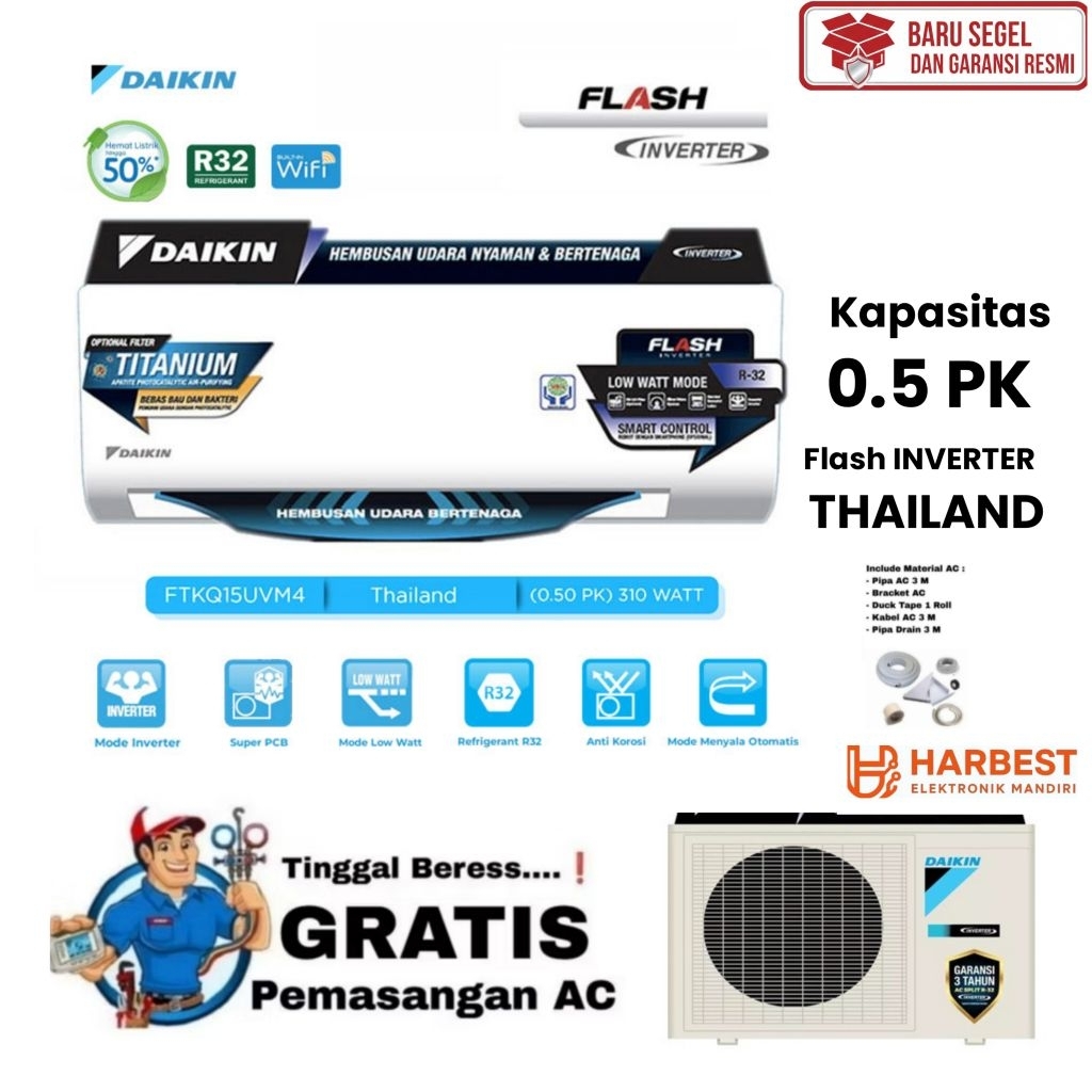 FREE PEMASANGAN DAIKIN AC Split 0.5 PK Flash INVERTER THAILAND 1/2 PK - FTKQ15UVM4 + RKQ15UVM4 R32 L
