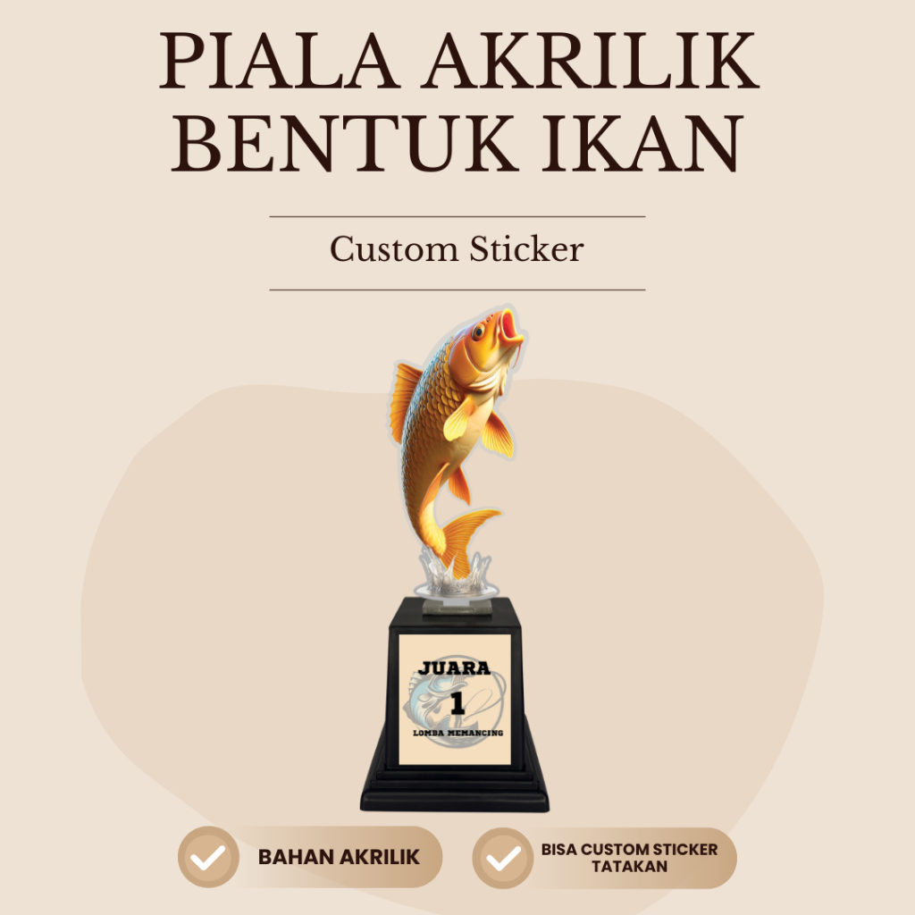 Piala Akrilik Ikan Mas Plus Tatakan Hadiah Lomba Mancing Ikan Souvenir