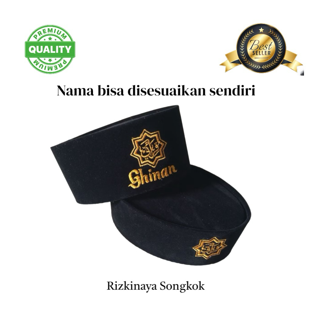PECI KOPIAH SONGKOK Bahan Bludru Logo Qiroati ditambah Nama untuk Pria Dewasa/Anak