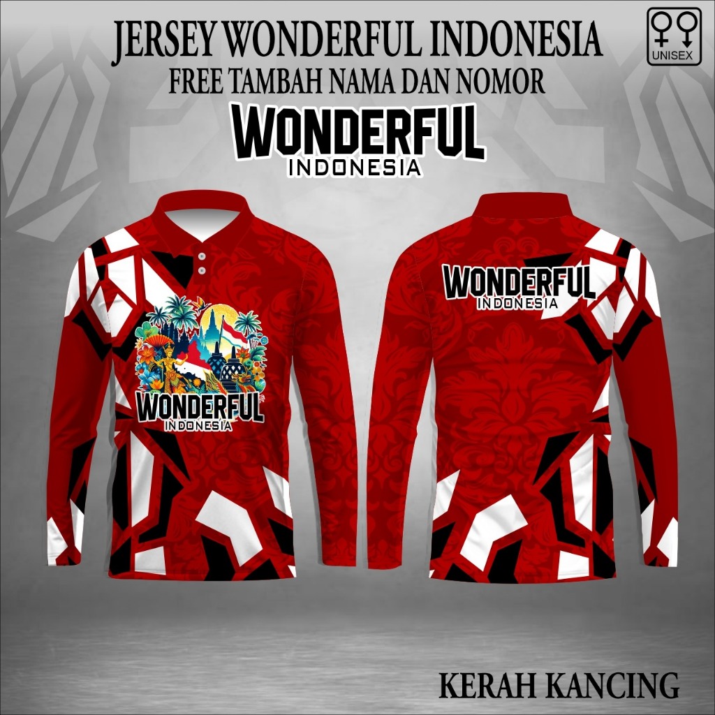 Jersey polo Wonderful Indonesia Baju Olahraga Tema Budaya Kaos Pariwisata Indonesia wonderful lengan