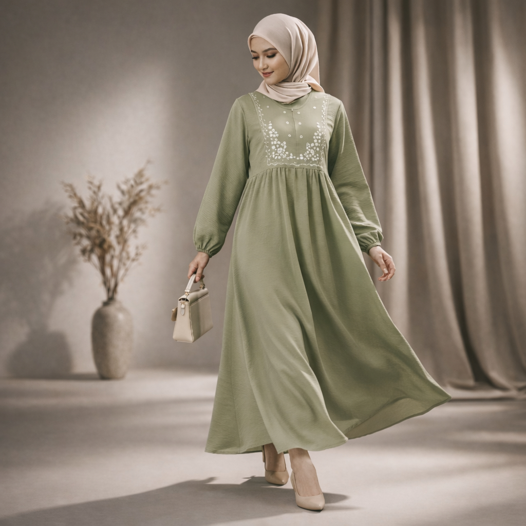 Gamis Aurel Putih – Dress Muslimah Premium Bordir Minimalis Elegant | Gamis soft Sage Premium Aurel 