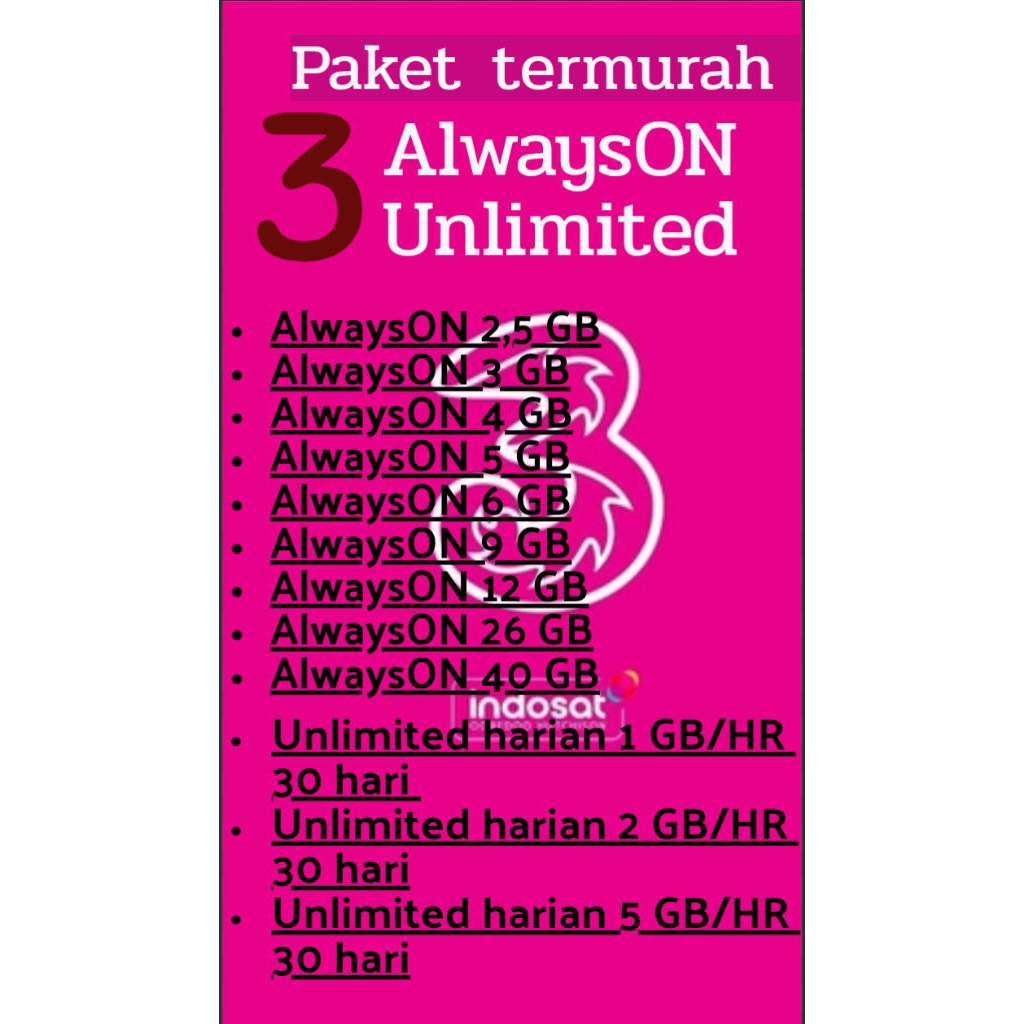 Paket Data Internet Tri Three Aon 40 GB - Kuota Nasional Selamanya