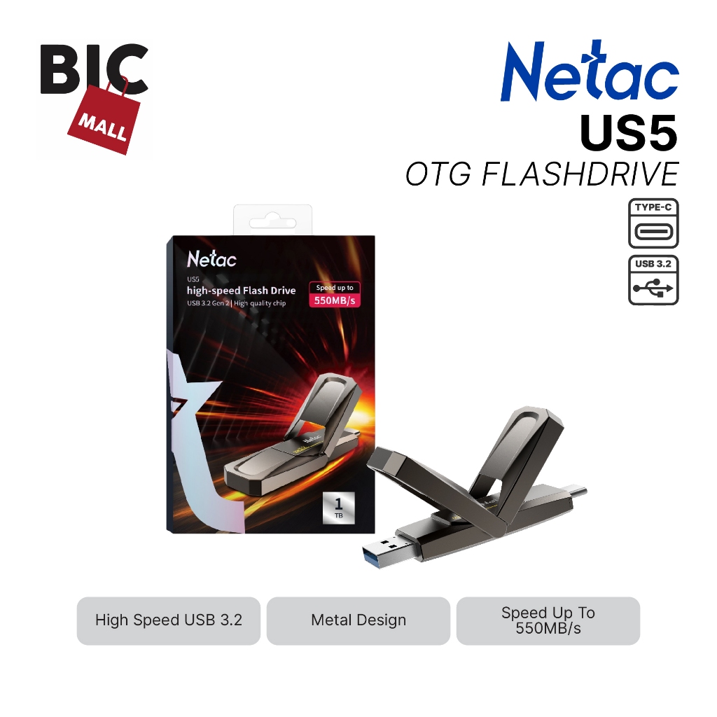 Netac OTG Flashdisk US5 | US9 USB 3.2 +  Type C Solid State Flash Drive 128GB/256GB/512GB/1TB Dual F