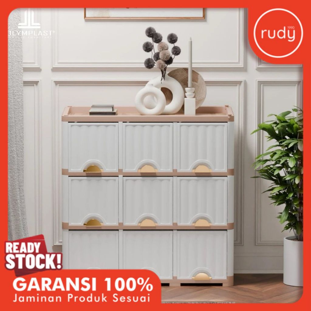 OLYMPLAST OMS 3x3 Luxury - Lemari Plastik Jumbo 9 Ruang Pintu Buka Atas Sideboard Top Table MDF Prem