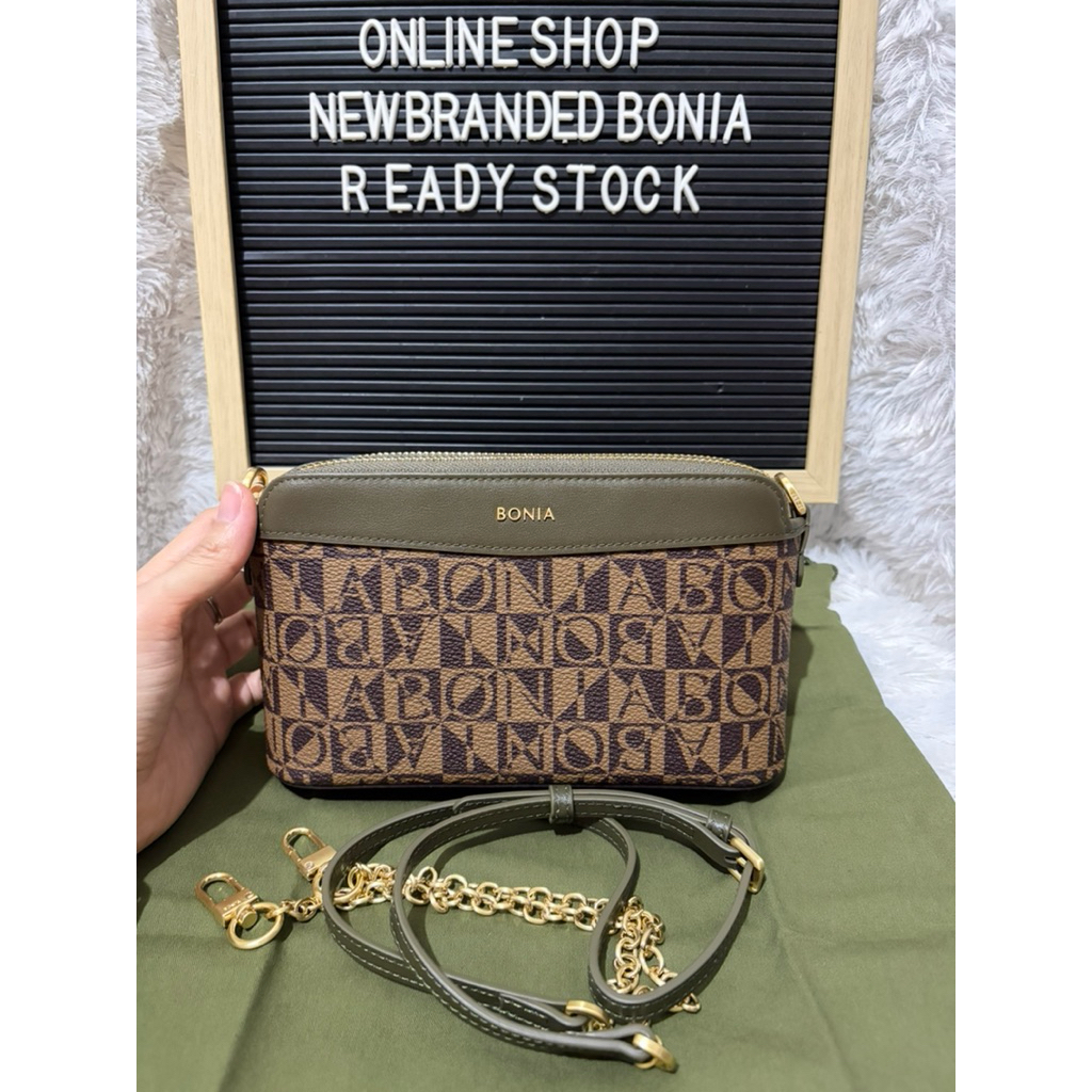 READY STOCK tas bonia original sling bag rantai 2 zipper monogram