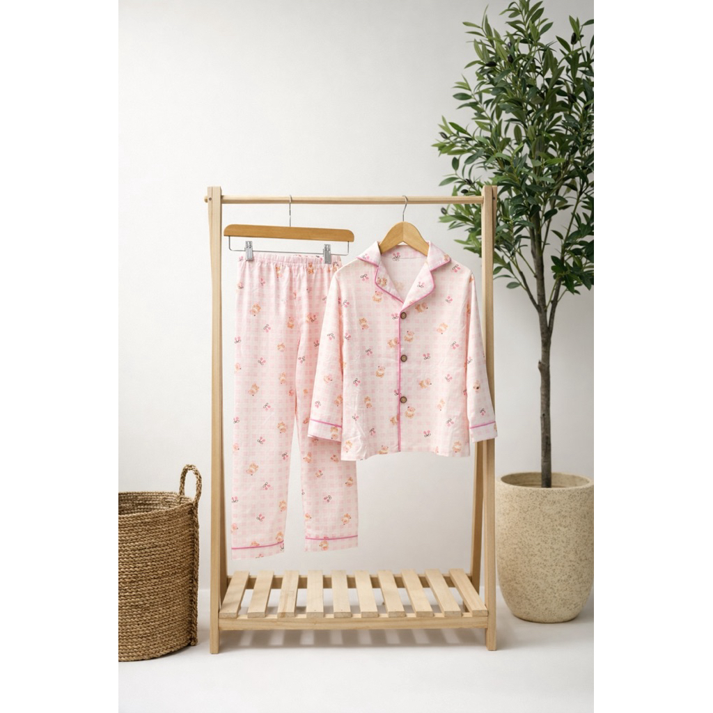Gingham Pink Bear Pajamas | Baju tidur anak perempuan motif beruang | Piyama anak tencel