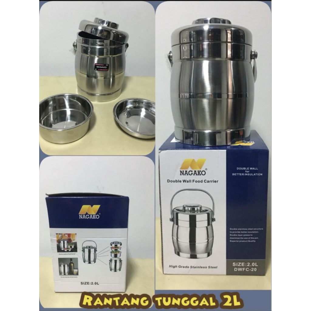 Nagako Rantang Stainless Tunggal 2 Liter Rantang Nasi Tunggal