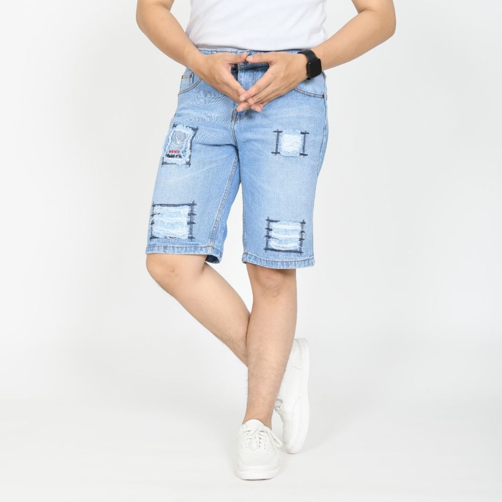 Celana Jeans Short Sobek Lapis/Jeans Pria Pendek Sobek/Celana Jeans Pria Logo Bordir Terbaru/Celana 