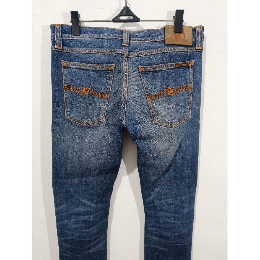 Jeans nudie Long John Clean Patches size 30 ori jahit rantai keren