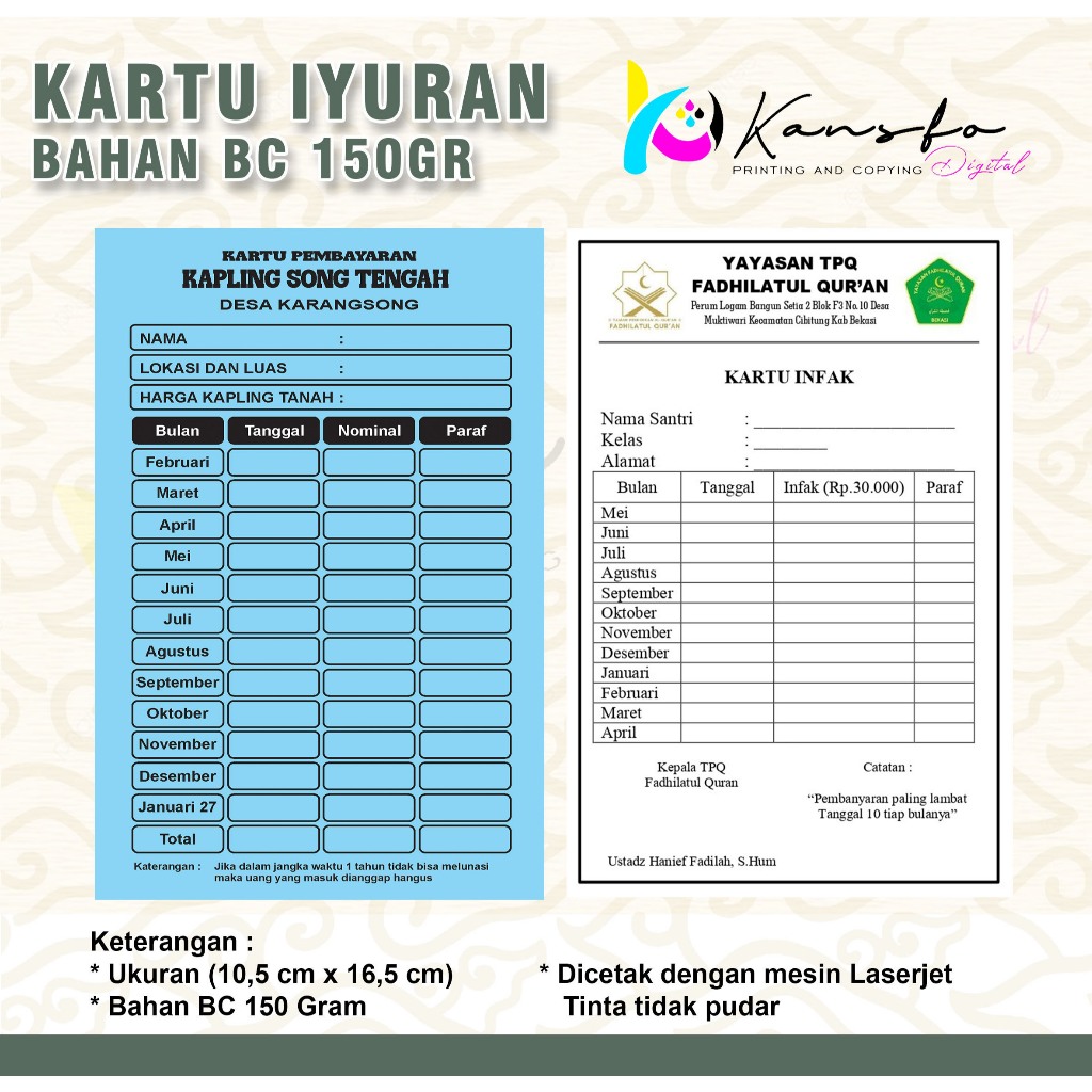 (1/4 Folio)Cetak Kartu Iuran Costome/ Kartu Paket Lebaran / Iuran Kas Sampah /Iyuran Lingkungan/ Kar