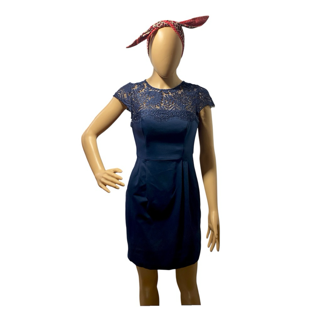 Bodysuit dress midi biru dongker mix brukat manik s