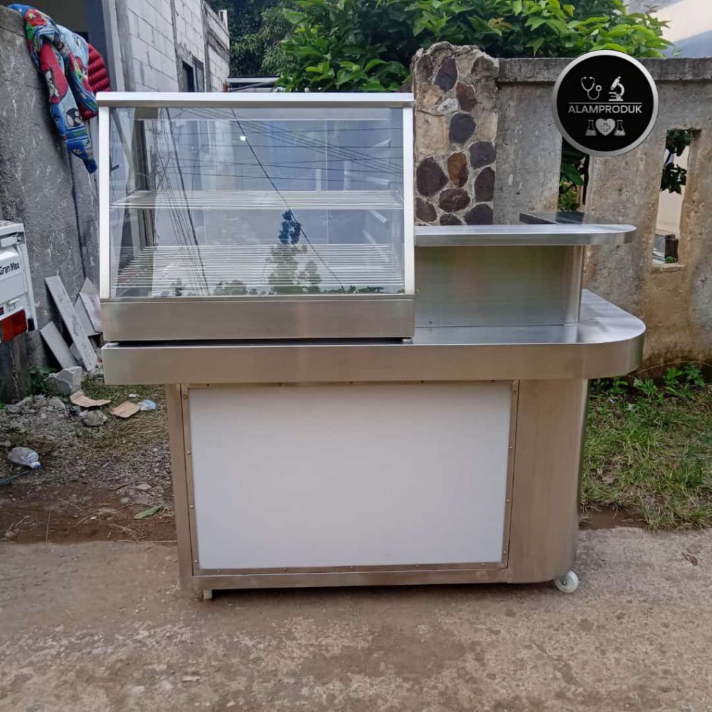 meja booth stainless neon box fried chicken ukuran 150cm warmer sudah pakai hiter / food warmer / et