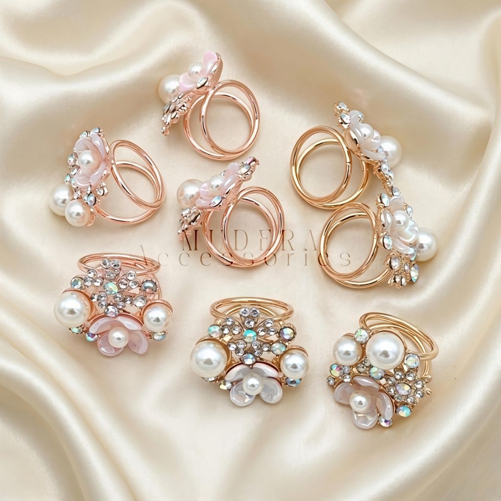 Bros Ring Hijab Bunga Mutiara - Aksesoris Jilbab Cincin Scarf Premium Rose Gold Diamond - Model Kelo