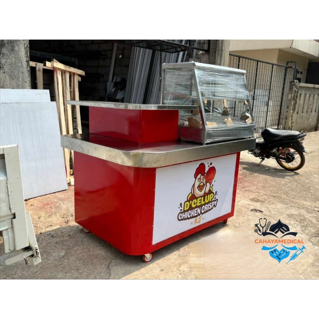 Meja booth stainless neon box fried chicken warmer / food warmer 150x70x90 cm / etalase food warmer