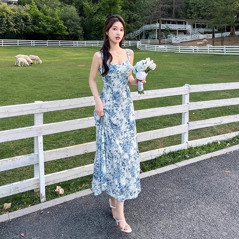 Meirong dress biru muda pantai wanita panjang blue dress bunga press body import korean style lebara