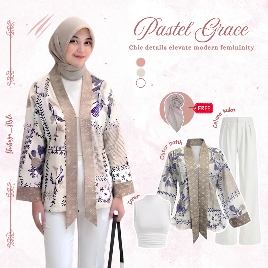 OOTD One Set Perempuan Outfit Semi Formal Setelan Outer Batik Inner Celana Kulot Free Hijab  SB01
