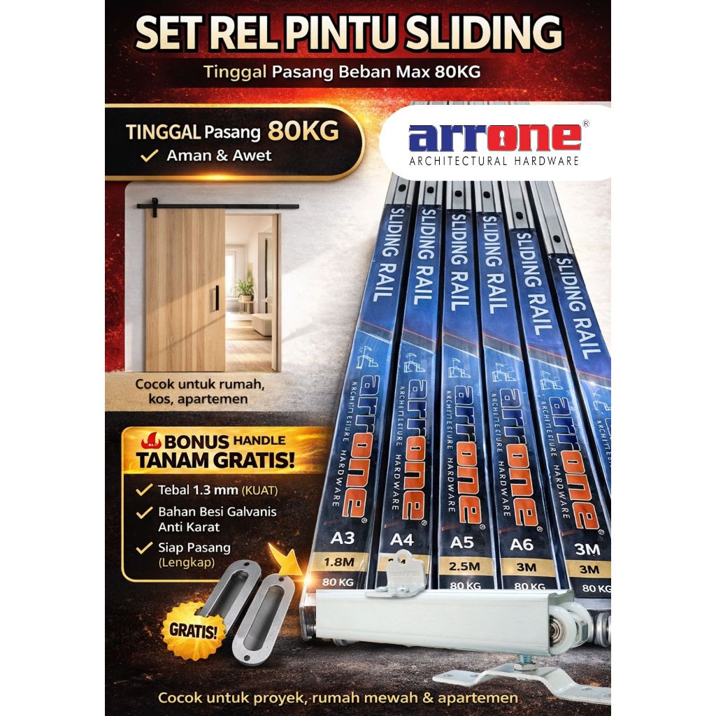 arrone REL Pintu Geser / pintu sliding  A6 (3 METER) FREE PP012,  untuk pintu kayu dan aluminium