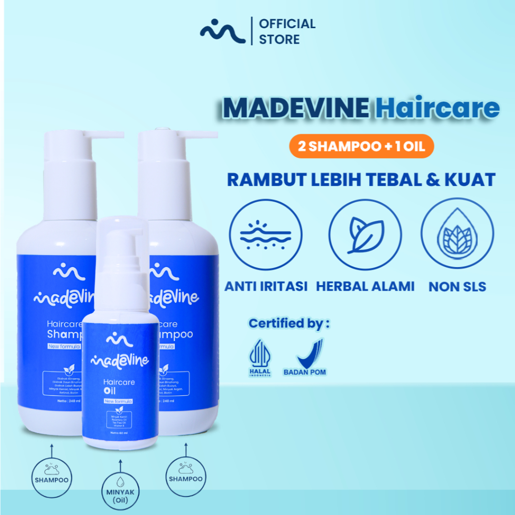 MADEVINE - Paket 2 Shampoo & 1 Hair Oil Perawatan Rambut Rontok Kebotakan & Kering