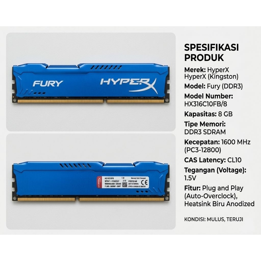 RAM PC DDR3 8GB Kingston HyperX Fury Blue 1600MHz - Bekas Normal