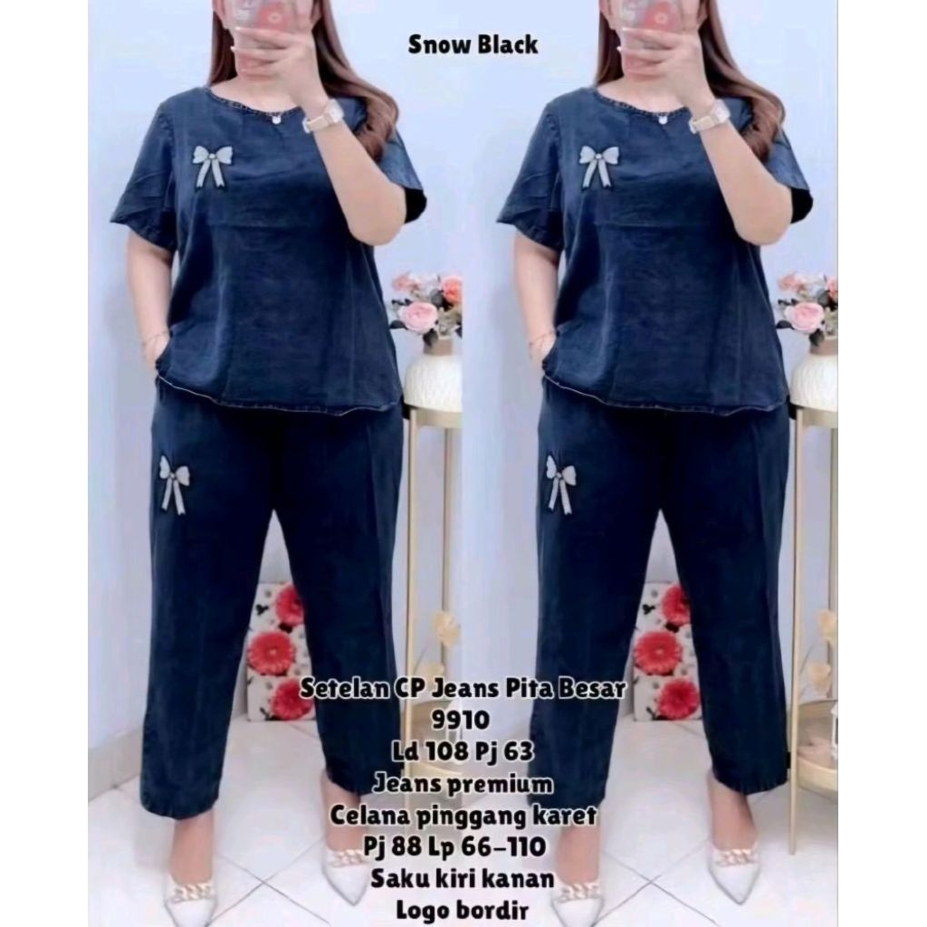 Setelan wanita jeans snow denim atasan kerah oblong celana panjang berbagai ukuran jumbo
