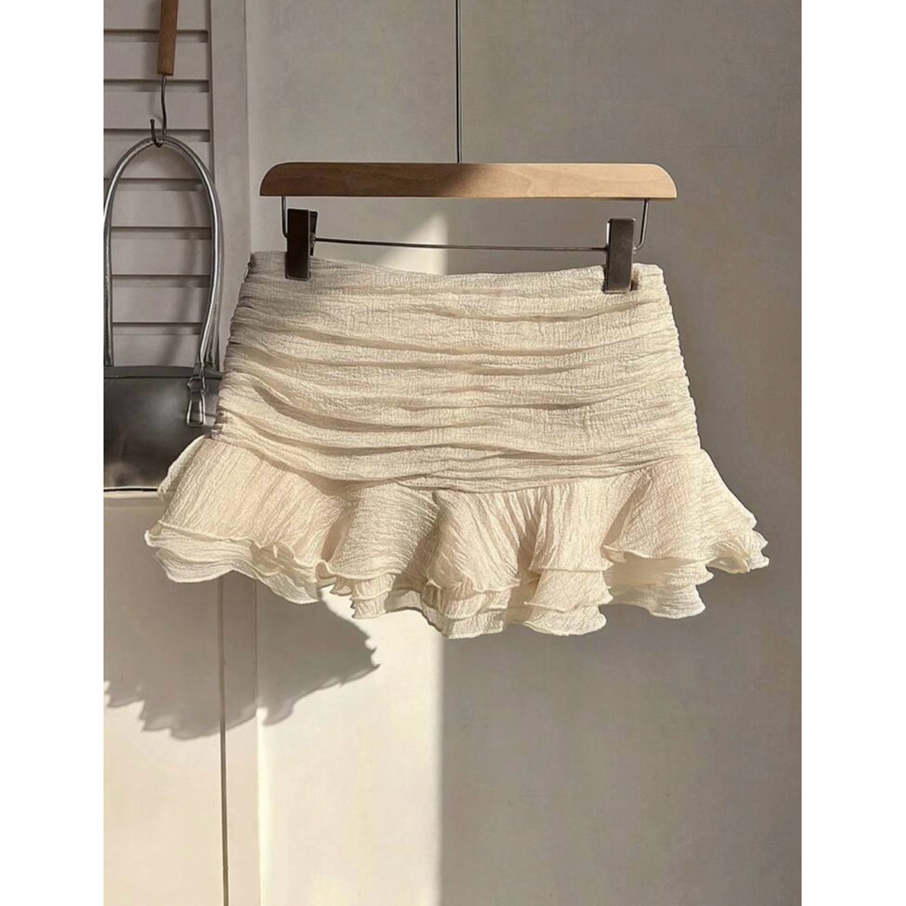 Rok Mini Ruffle Wanita Cream | Rok Pendek Korea Estetik | High Waist Skirt Lucu