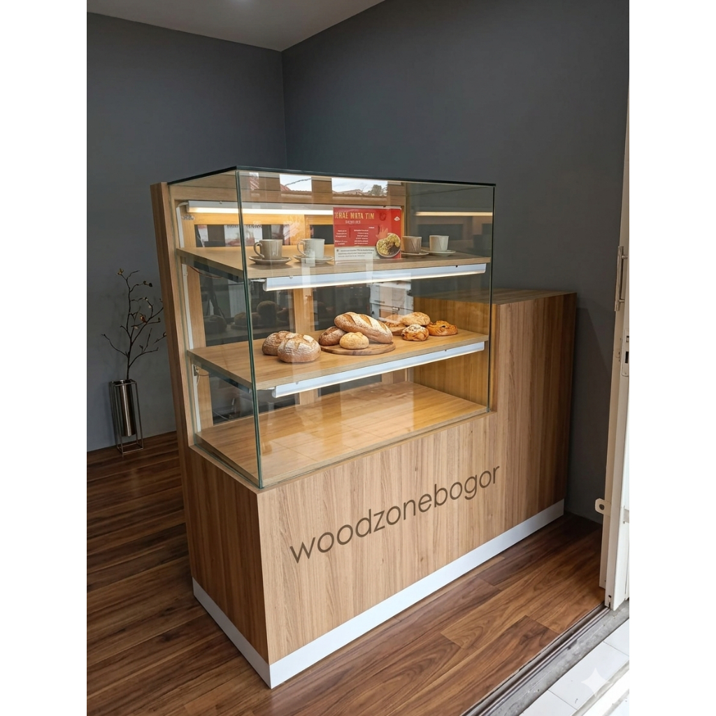 Etalase Kaca Bakery Minimalis Kayu - Gerobak Display Kue Modern