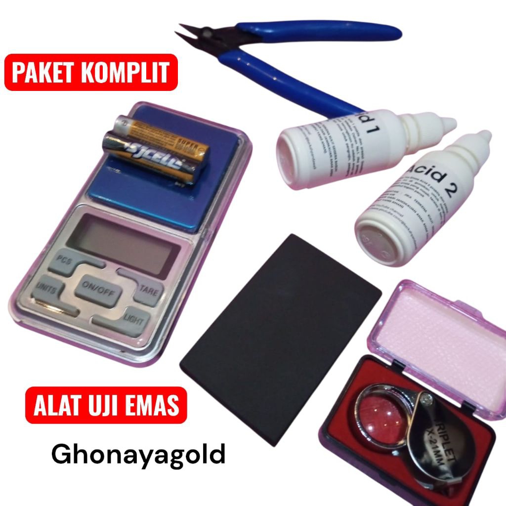 PAKET LENGKAP TES UJI EMAS BATU CAIRAN,KACA PEMBESAR, TIMBANGAN, GUNTING | PERHIASAN | EMAS | PERAK