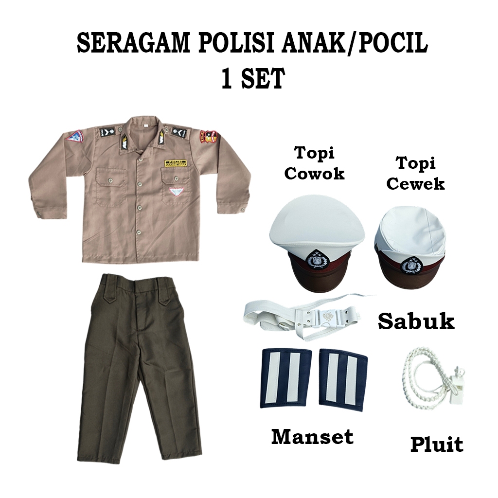 Setelan Baju POLRI Anak/POCIL Cewek Cowok Atribut Lengkap Polisi TK/SD