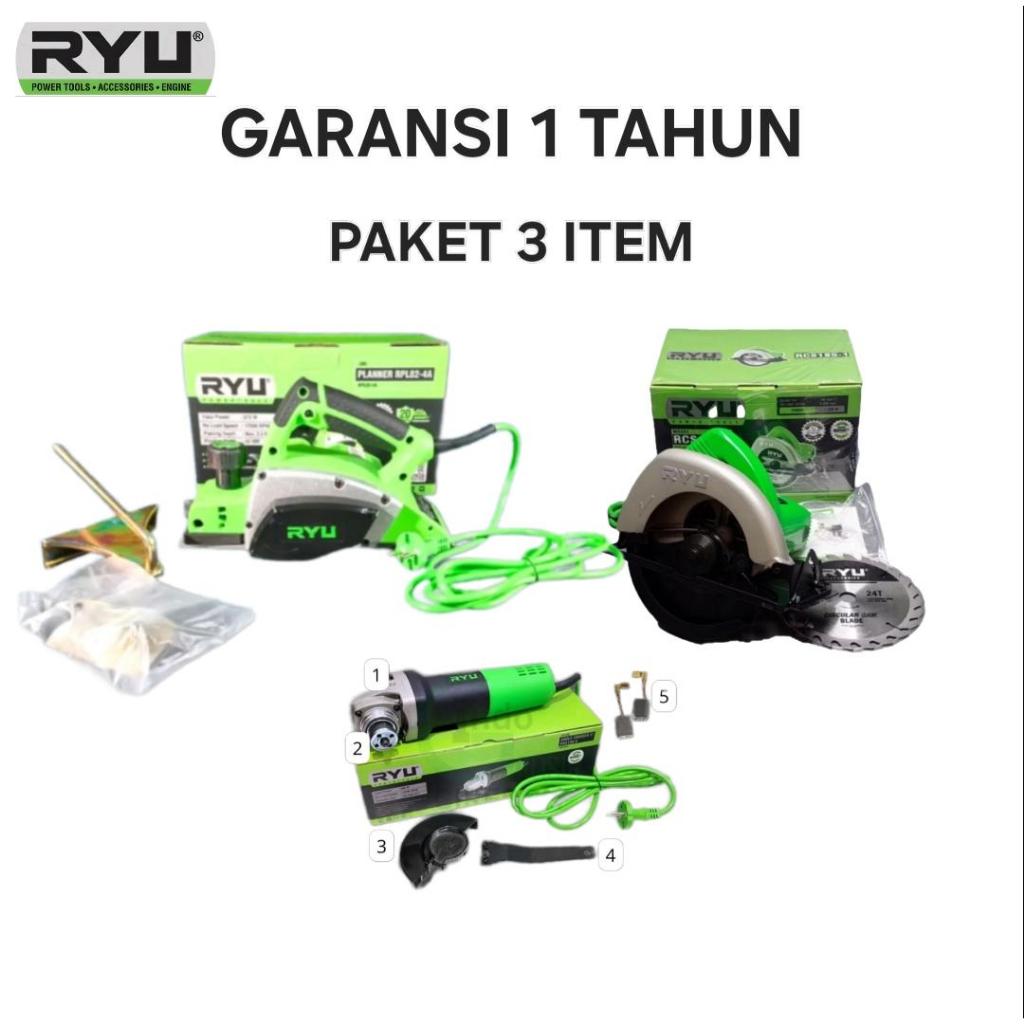 RYU ORIGINAL Paket Lengkap 3 Item Mesin Planer Ketam Serut Kayu Circular saw 7 in Gergaji Potong Kay