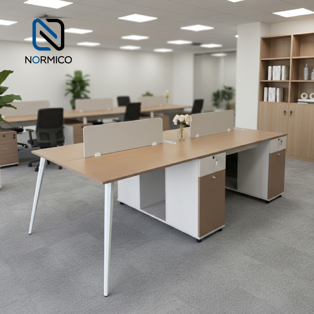 NORMICO  - Meja Kantor Workstation 4 Orang Minimalis – Meja Kerja Kantor Modern dengan Laci & Partis