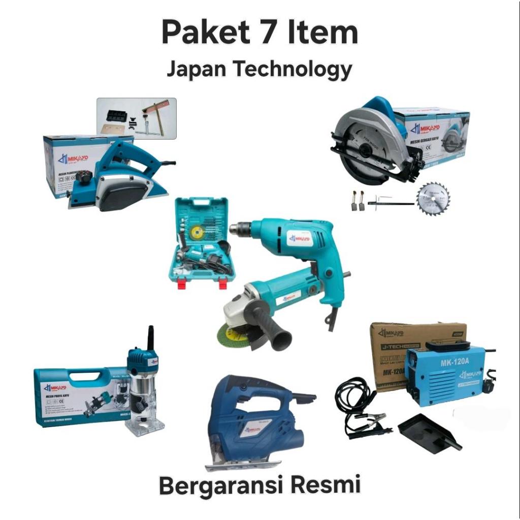 Paket Mesin Tukang Kayu Lengkap 7 Item dengan Mesin Serut Planer, Gerinda, Bor, LAs 120A 450W, Jigsa