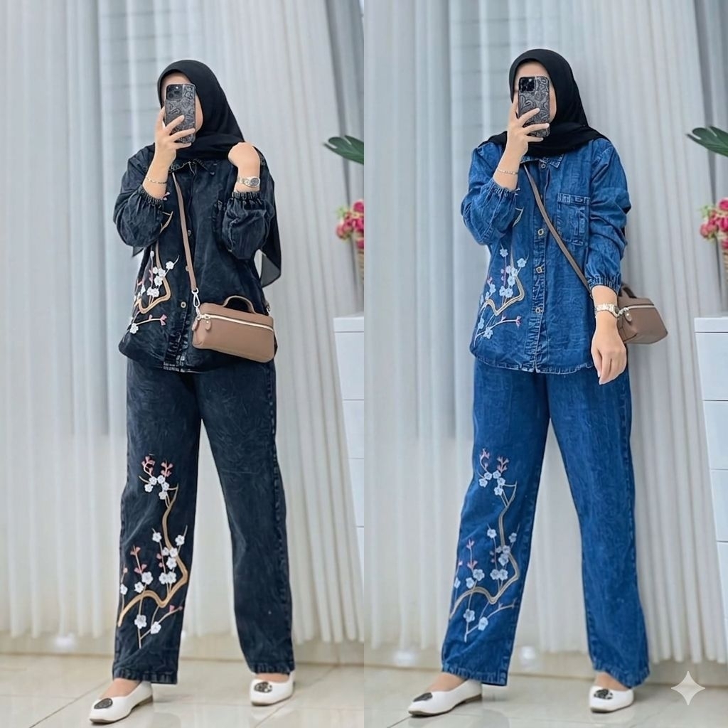 ONESET- COD ELSEN JEANS KULOT WANITA STANDAR  LD 110,SETELAN CELANA WANITA,ATASAN JEANS BORDIR, CELA