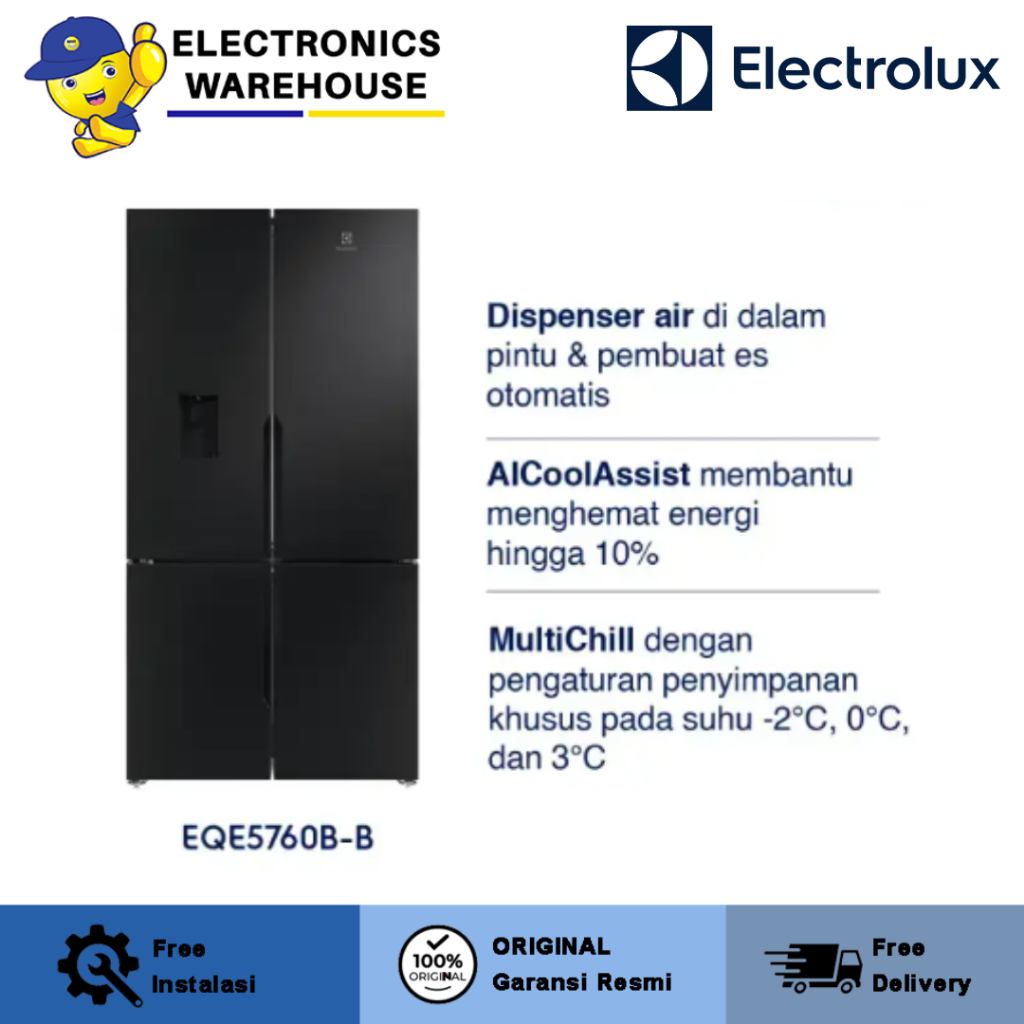 Electrolux Kulkas Multidoor 4 Pintu EQE5760B-B 634L Inverter, Water dispenser, AutoIce, MultiChill, 