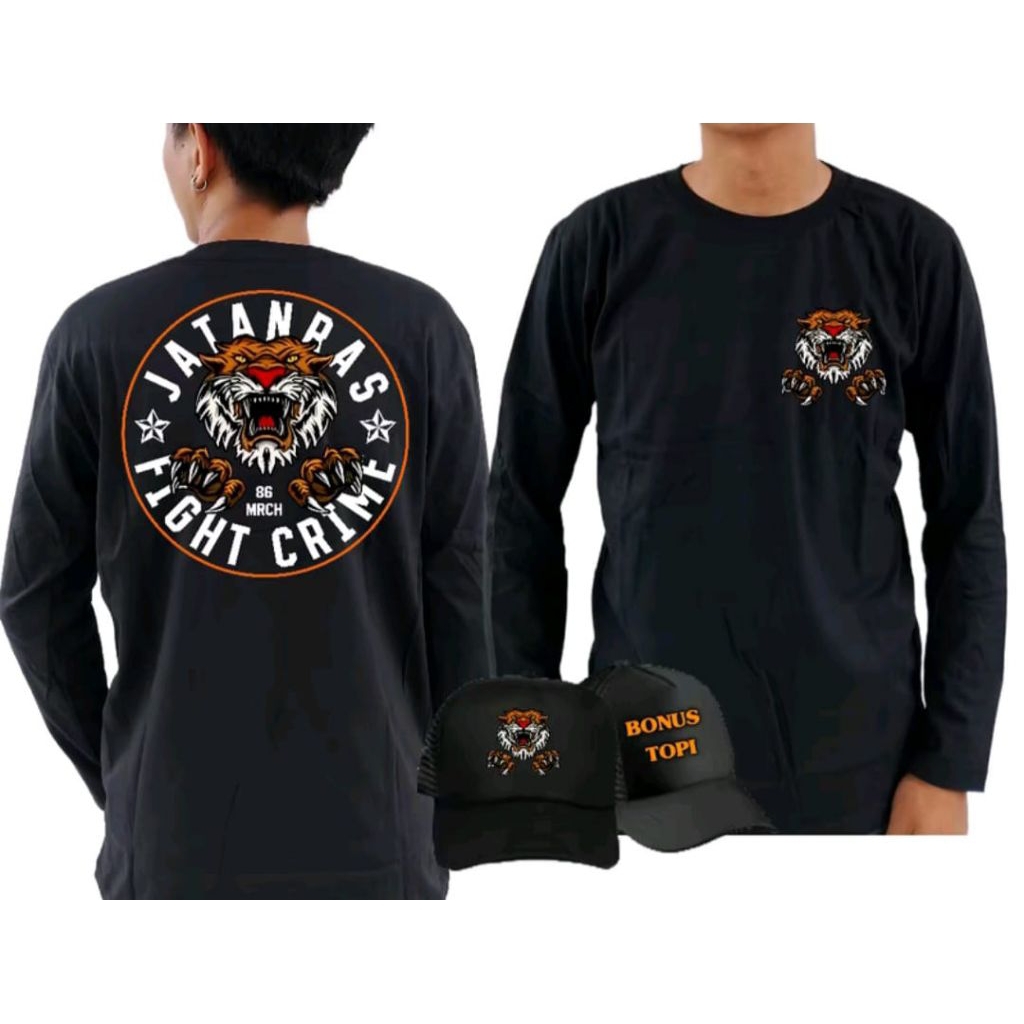 KAOS LENGAN PANJANG JATANRAS FIGHT CREAM MOTIF BULAT MACAN BONUS TOPI
