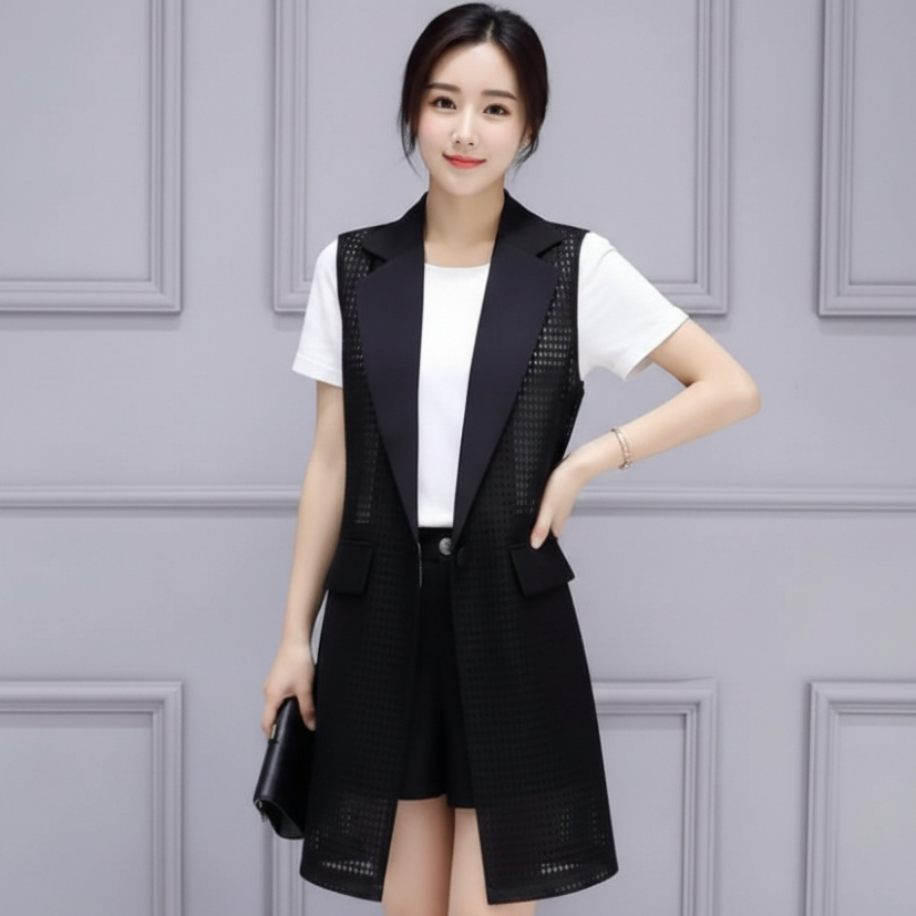 Aink Bandung Long Blazer Jala Mesh Wanita Kekinian | Outer Tanpa Lengan Stylish Hitam Putih