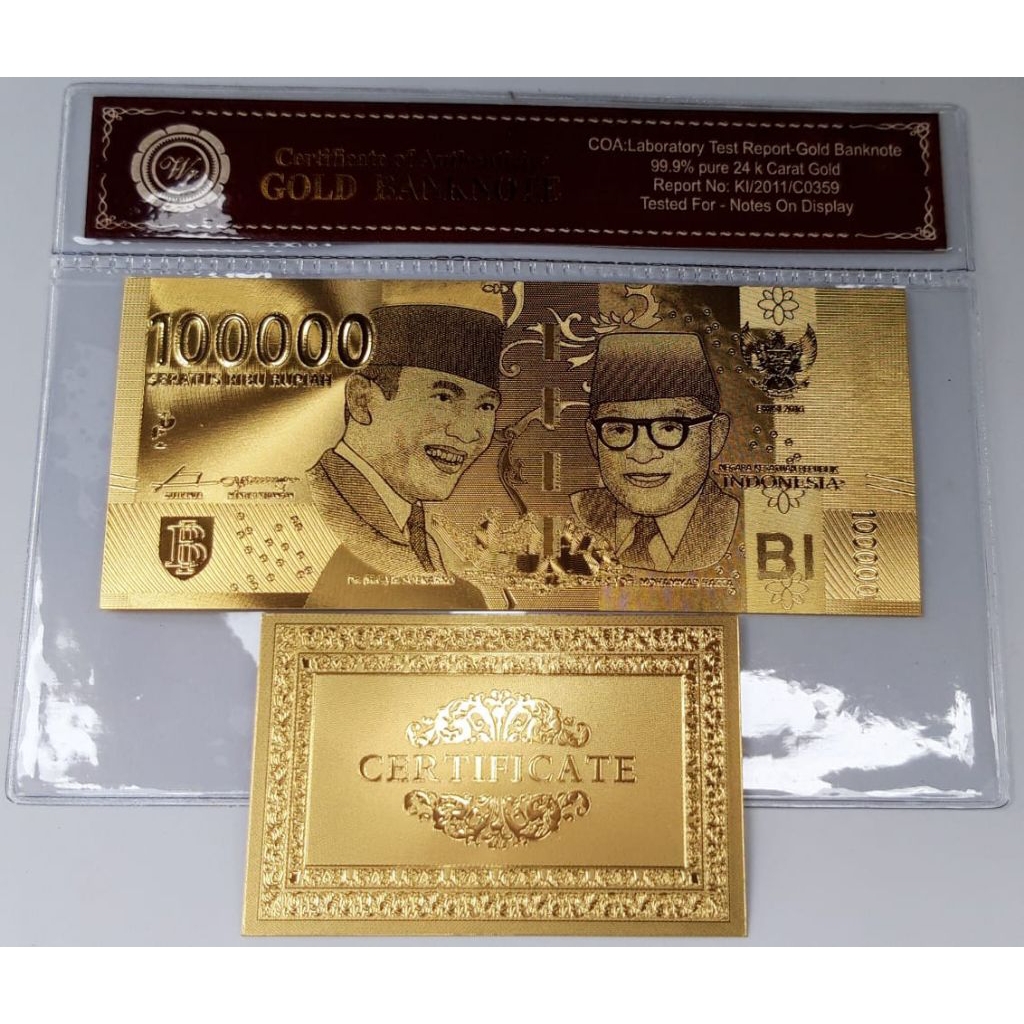Uang souvenir gold foil bergambar 100.000 soekarno hatta NKRI soufenir goldfoil 100000 soeta