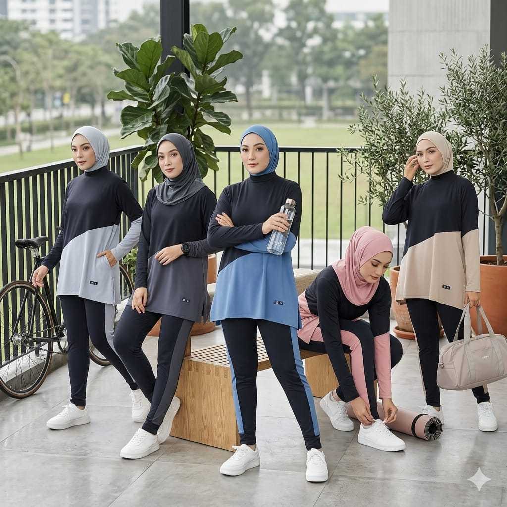 Setelan Olahraga Jersey Wanita Muslimah Outfit Sport Jogging Senam Gowes Padel Kekinian
