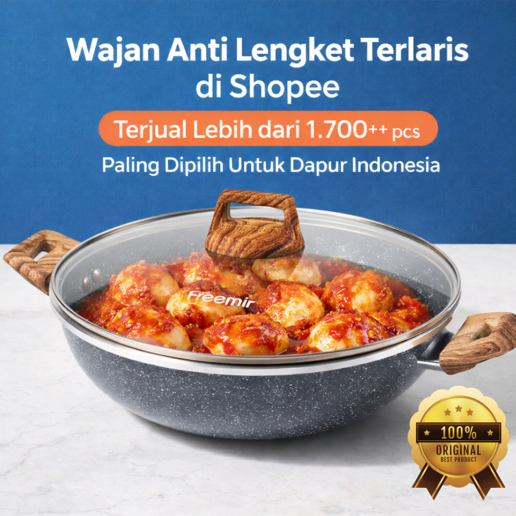 [Free Bonus] freemir Wajan Kuali Premium Granit Anti Lengket Tutup Kaca Tebal Gagang Kayu Jati