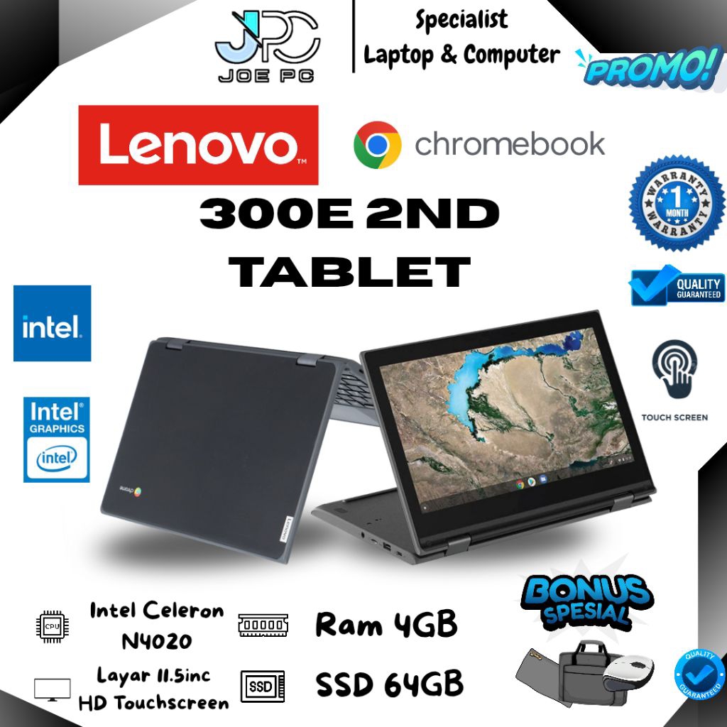 Lenovo Chromebook 300e Intel Celeron N4020 Ram 4GB eMMC 32GB Layar Bisa dilipat 360° Os Chromebook M