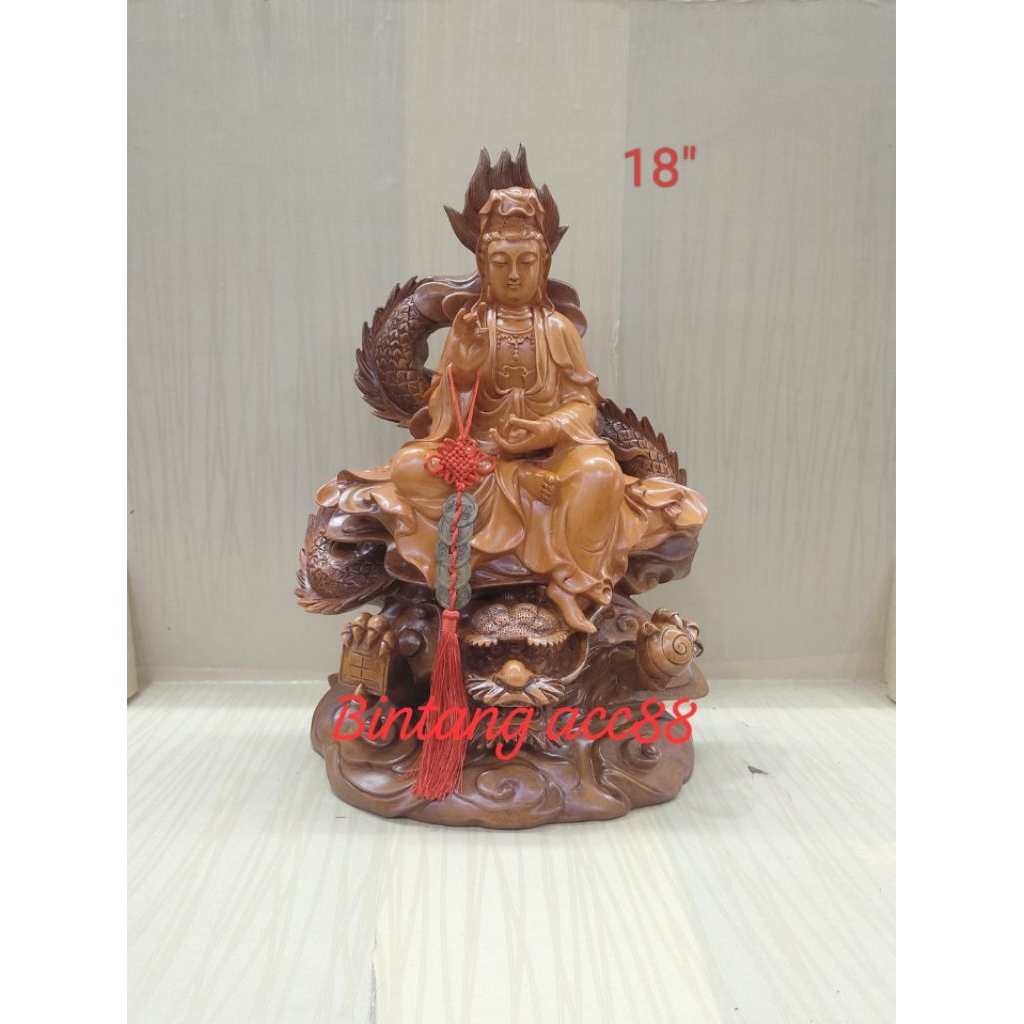 patung dewi kwan im / kwan in/ guan yin - naga - fiber - 18inch