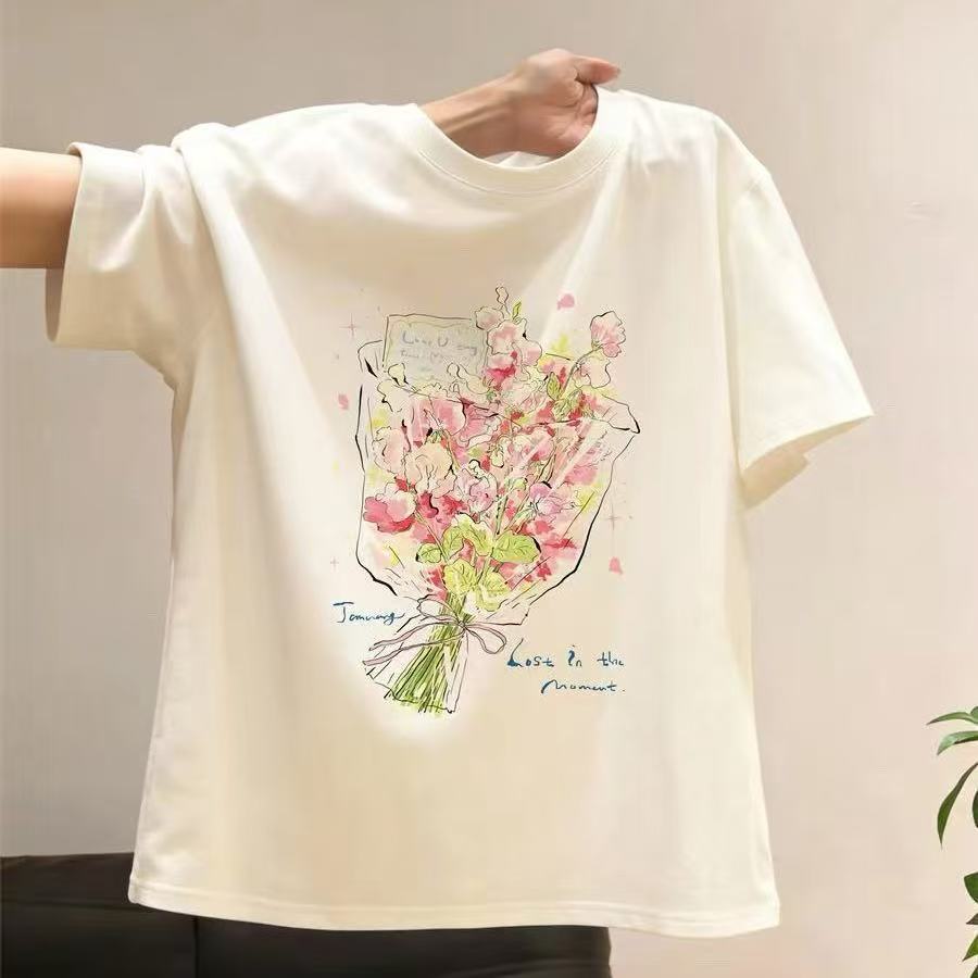 Kaos Wanita dengan Motif Buket Bunga Lukis Tangan & Bahan Ice Silk