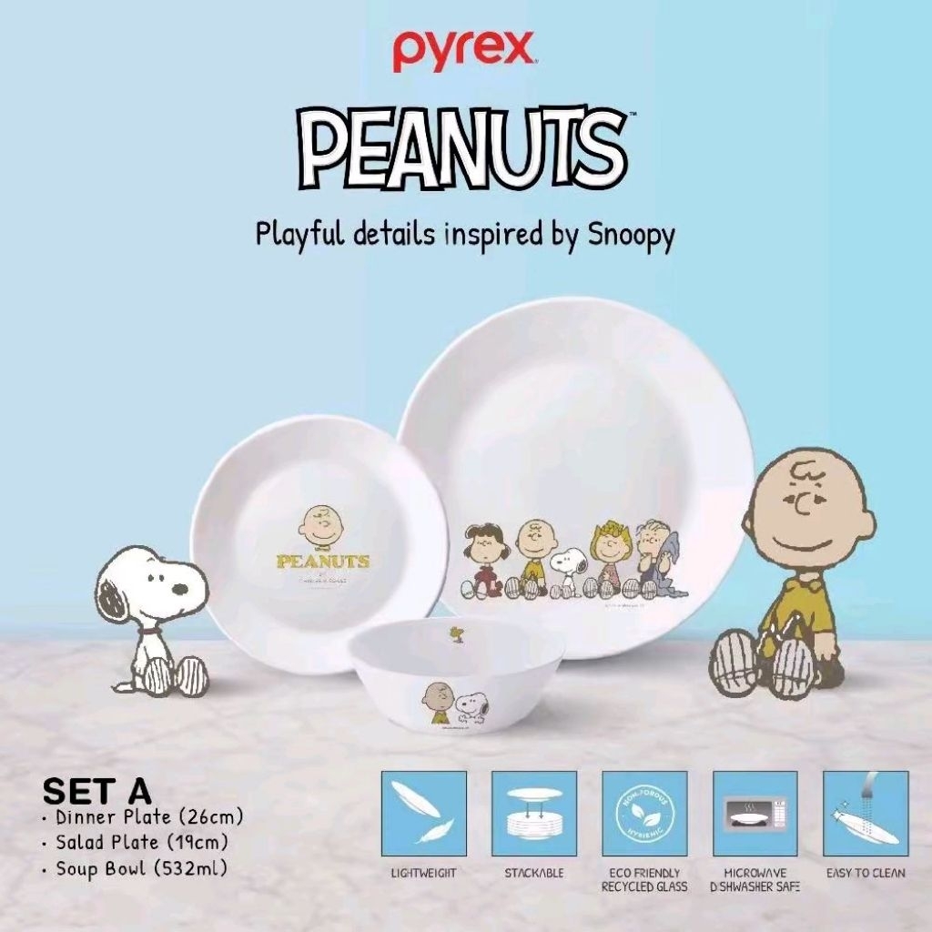 Snoopy Peanuts Pyrex Dinner Set 3 Pcs Piring Mangkuk Makan Milkglass Microwave & Dishwasher Safe Rea