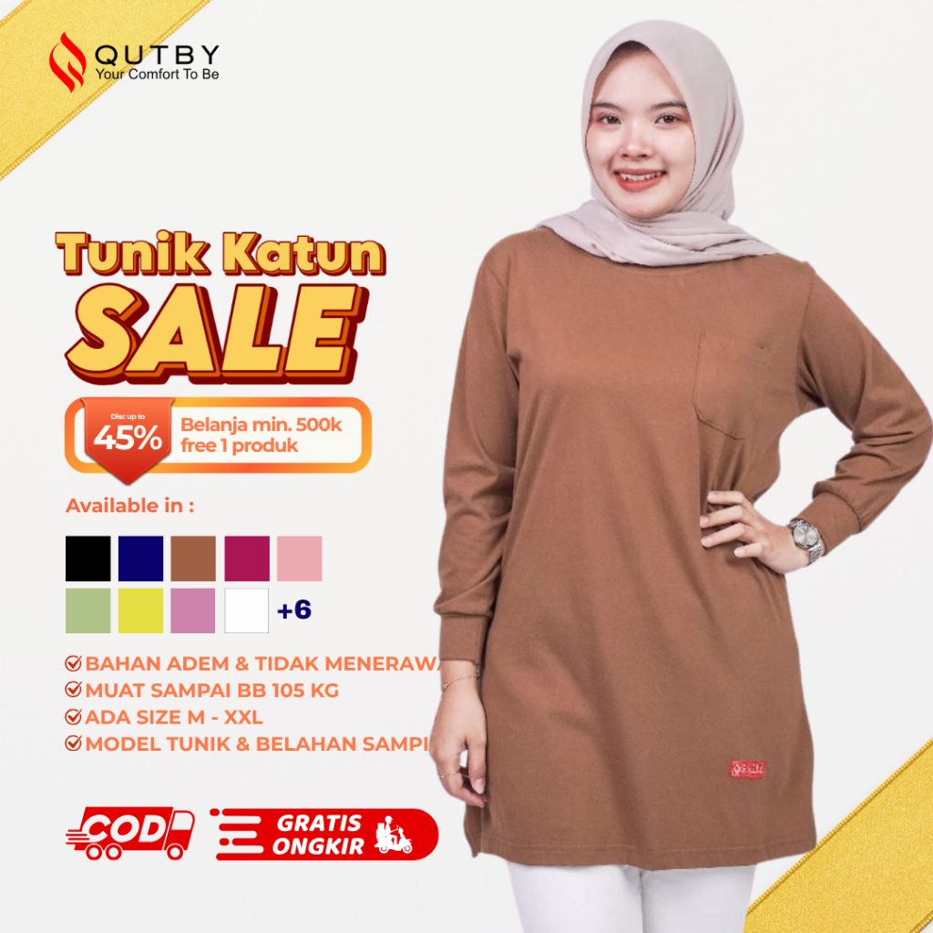 QUTBY - Tunik Kaos Lengan Panjang Wanita | Atasan Tunik Jumbo Polos | Tunik Cewek Longsleeve Big Siz
