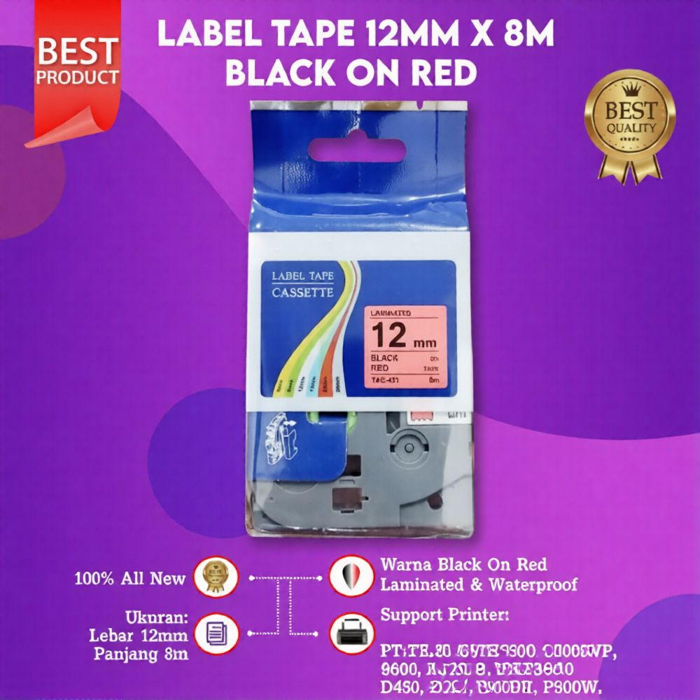 FixPrint Compatible Label Tape Laminated TZE-431 12mm X 8m Black On Red Cassette Printer Bro PT-E300