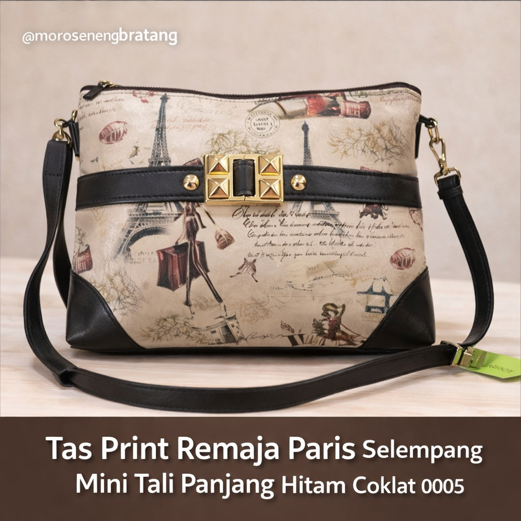 Tas Print remaja Paris selempang mini tali panjang Hitam coklat 0005